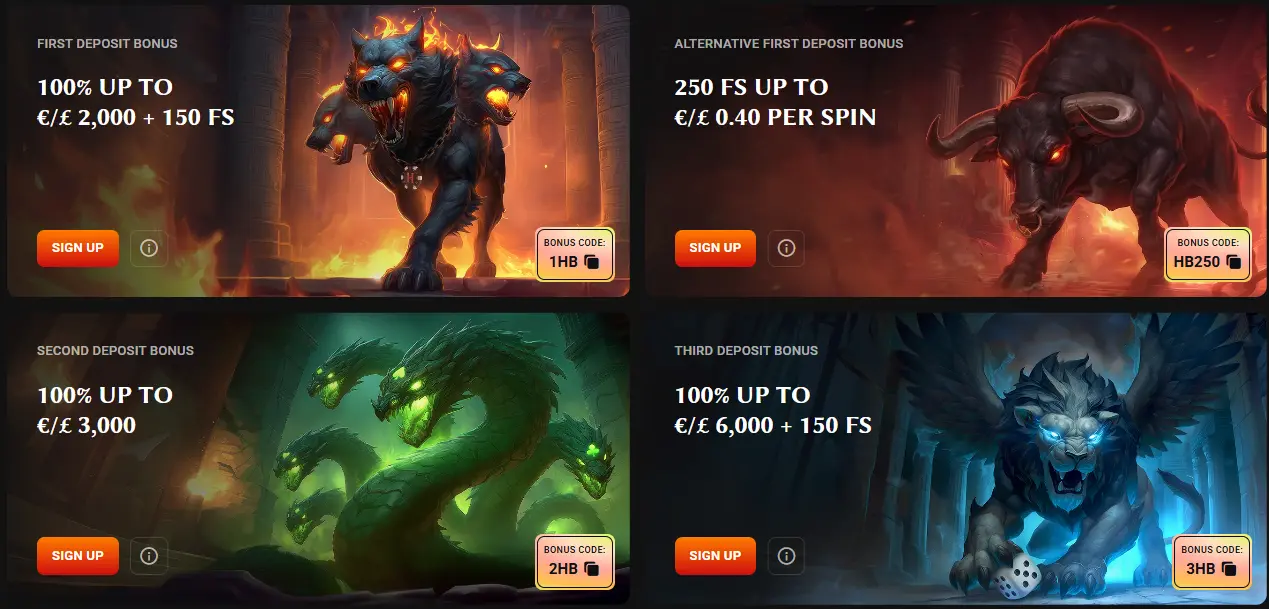 Hades Bet Casino welcome package — deposit match bonus and free spins for new customers